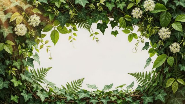 Green leaf foliage frame on a rustic white background. Nature border with fern and ivy for natural design.