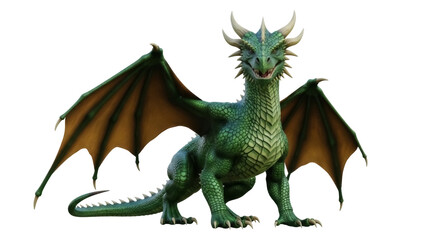 Fototapeta premium Isolated Green Scaled Dragon with Horns and Wings, Fictional Creature, Fantasy Animal