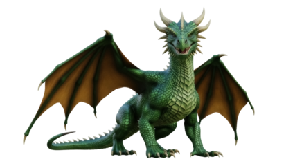 Isolated Green Scaled Dragon with Horns and Wings, Fictional Creature, Fantasy Animal