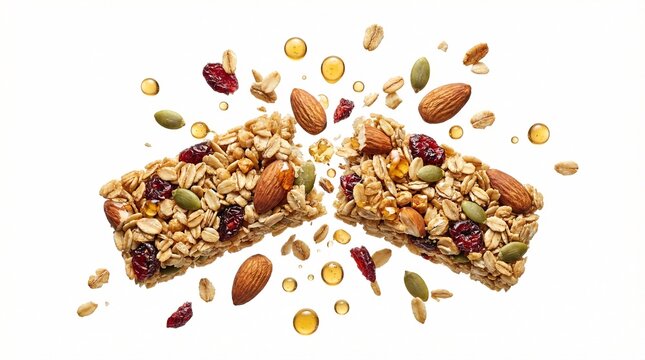 Broken Granola Bar Snapping with Exploding Oats Almonds and Cranberries. Flying Honey Droplets and Cereal. Healthy Fitness Snack Concept.