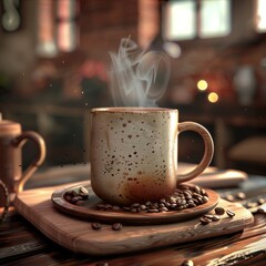 realistic shot of a ceramic coffee mug with steam on wooden tray with coffee beans, cozy atmosphere