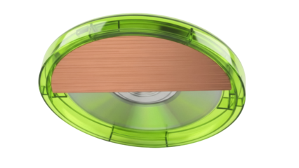 Isolated green spindle plastic case with copper and silvery metal discs, container, object