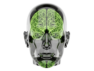 Isolated chrome human head showing brain circuitry, artificial intelligence technology icon