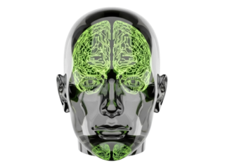 Isolated chrome human head showing brain circuitry, artificial intelligence technology icon