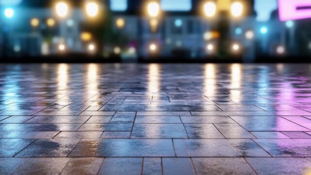 Wet pavement city night reflection colorful lights bokeh tiled pavement moody urban atmosphere wet