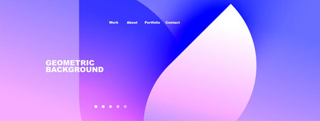 Abstract geometric background. Gradient colors, purple, blue, white. Navigation menu present. Dots indicate sections. Minimalist design.