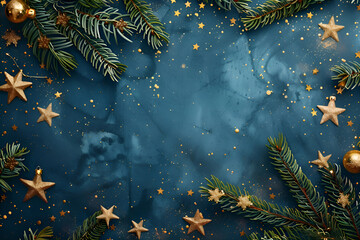 Blue winter landscape illustration featuring a decorated Christmas fir tree with snowflakes and snow in a cold pine forest scene for a New Year holiday greeting card vector design