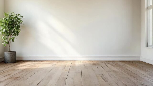 Minimalist empty room wooden floor potted plant natural light window minimalist interior serene