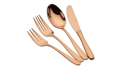 Isolated rose gold flatware including fork, spoon, and knife on a seamless backdrop
