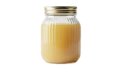 Isolated Glass Jar with Golden Lid Filled with Homemade Caramel or Honey Preserve
