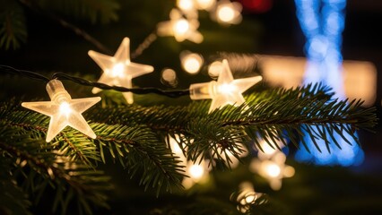 Abstract Christmas Lights - Stars String Hanging At Fir Branches