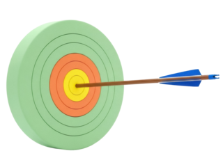 Isolated arrow hitting a round archery target for accuracy and precision sports game