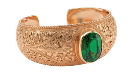 Isolated gold bracelet with a green stone, jewelry for an elegant woman, fashion item