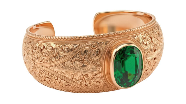 Isolated gold bracelet with a green stone, jewelry for an elegant woman, fashion item