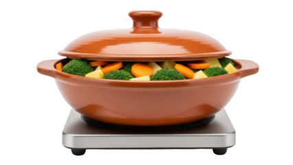 Isolated earthenware casserole with lid filled with vegetables, on a food warmer stand