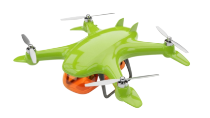 Isolated green quadcopter, modern unmanned aerial vehicle, camera drone for photography, video