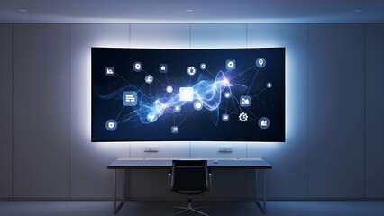 Modern office with a large curved screen displaying an abstract network visualization