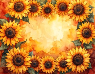A watercolor painting of sunflowers framing a warm, textured, orange and yellow background