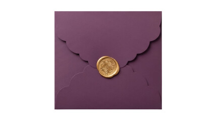 Isolated purple greeting card envelope with flower wax seal, vintage style, no people