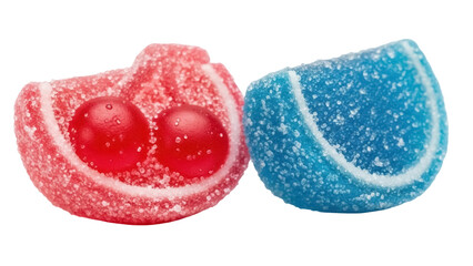 Isolated two colorful sugar coated gummy candies, strawberry and blue raspberry flavor
