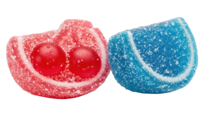 Isolated two colorful sugar coated gummy candies, strawberry and blue raspberry flavor