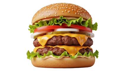 Isolated double cheeseburger on bun with sesame seeds, juicy beef patties and fresh toppings