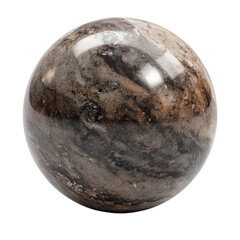 Polished natural jasper stone sphere with intricate brown, beige, and grey textured patterns. glossy surface texture.