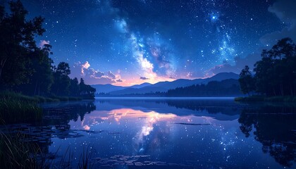 Serene lake reflects a vibrant, starry night sky with silhouetted trees and distant mountains in the soft twilight