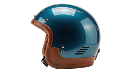 Isolated retro-style motorbike helmet in blue and brown, head safety for motorcyclist