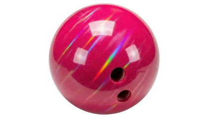 Isolated pink bowling ball with finger holes and holographic sparkles for sport entertainment