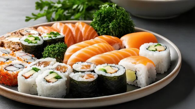 Fresh salmon sushi platter with salmon nigiri maki roll rice and appetizing garnishes