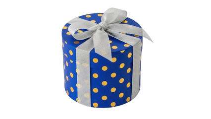 Isolated round blue gift box with yellow polka dots and silver ribbon bow for celebration