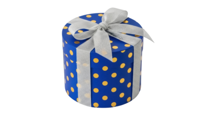 Isolated round blue gift box with yellow polka dots and silver ribbon bow for celebration