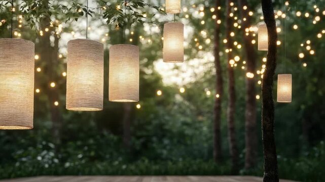 Warm outdoor lanterns and string light bokeh over wooden deck at dusk creating cozy evening glow