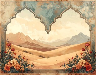 A watercolor vista of a desert landscape framed by an ornate archway and blooming flowers