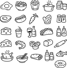 Black and white line art icons representing various food items and cooking 