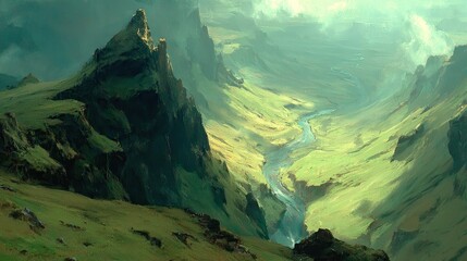 Misty Mountain Landscape with Cloudy Sky.