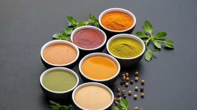 Colorful spice powder bowl assortment with herb and peppercorn turmeric sauces on dark surface