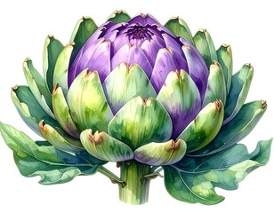 A watercolor-style artichoke with layered petals, green leaves, and a purple heart