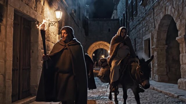 Two people move along a narrow street at night. One carries a torch and rides a donkey while talking to the other