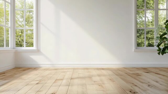 Sunlit empty room wooden floor large window green view peaceful bright interior calm natural light