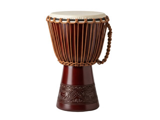Isolated handmade djembe drum with animal carving details, popular ethnic percussion instrument