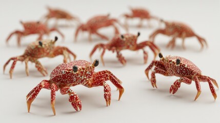 Close up of numerous crabs isolated on a plain white background