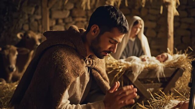 A man prays in a stable as a woman cares for a newborn. They are surrounded by straw and a rustic setting at night