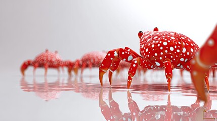 Vibrant red crabs with white spots in shallow water against a light background