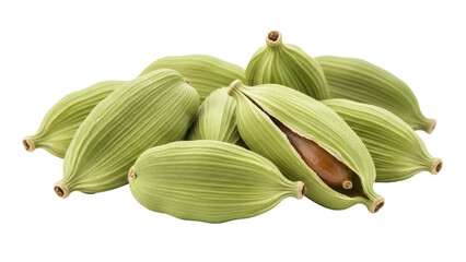 Isolated pile of fresh, green cardamom pods, an aromatic spice used in cooking and baking