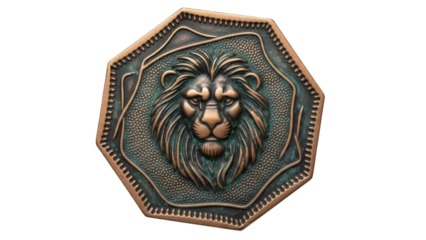 Isolated embossed metal lion crest for design element art project token antique ornament