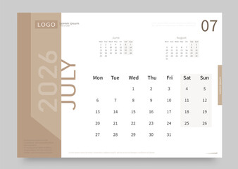 The calendar for July 2026 is white and beige. The layout of the calendar for July 2026 with the date of the beginning of the week on Monday. Vector EPS 10.