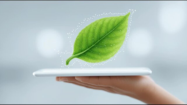 A tablet is being held up with a leaf on it. The leaf is green and he is floating in the air. Concept of growth and renewal, as the leaf represents new life and the tablet represents technology