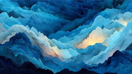 Abstract textured blue mountain range with warm highlights, modern landscape design for print